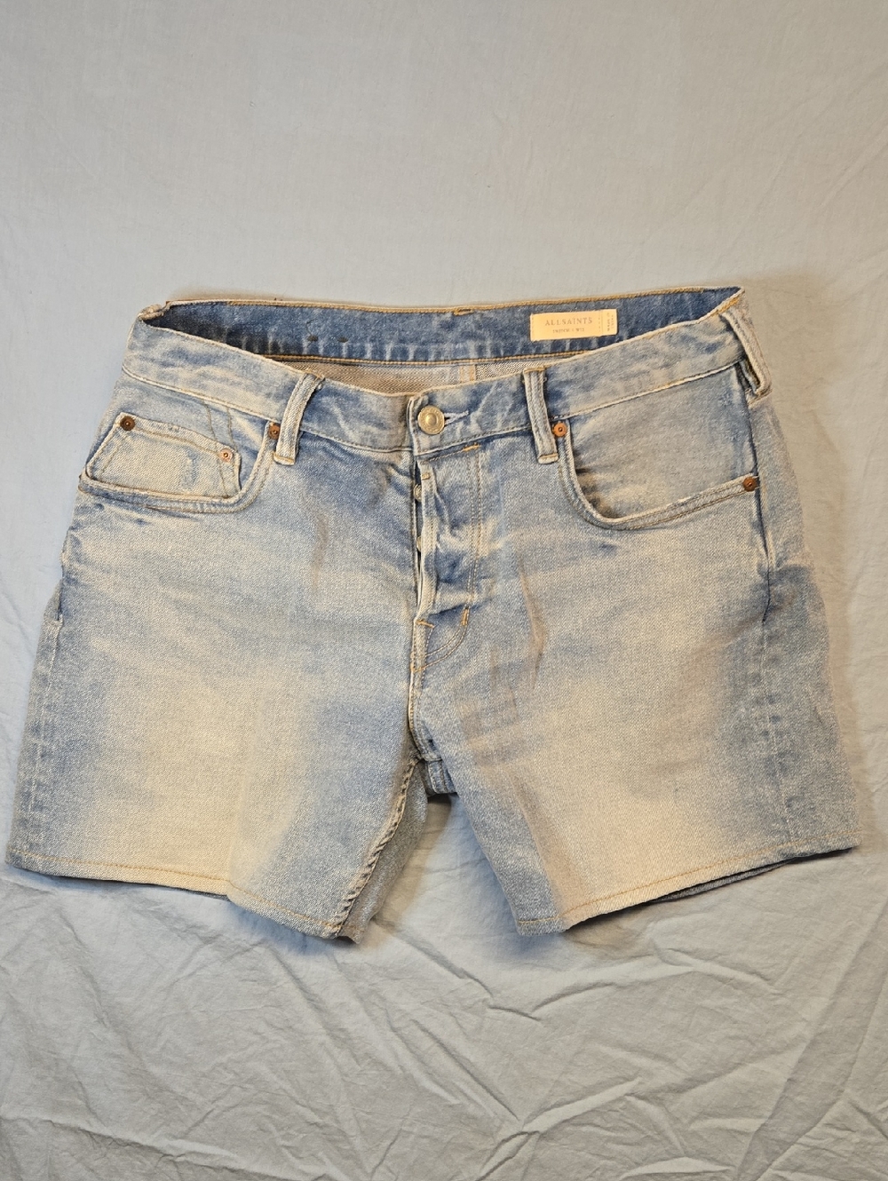 All Saints Switch Blue Washed Denim Cut Off Shorts with Contrast Stitching